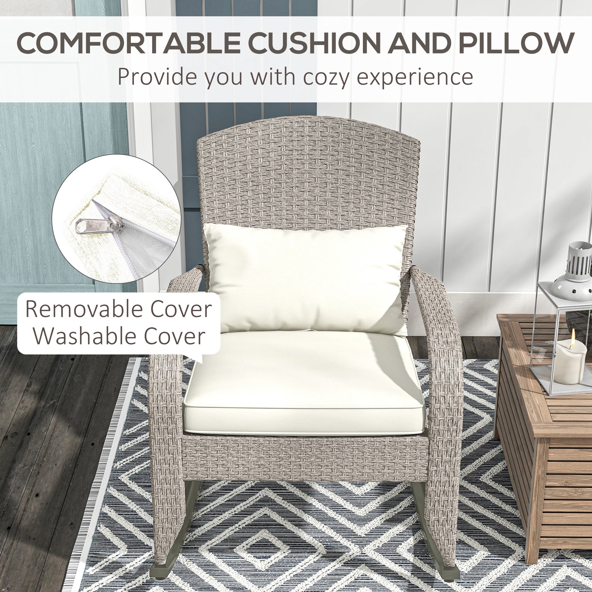 Outsunny Adirondack Rocking Chair Outdoor Wicker with High Back Seat Cushion Pillow for Porch Balcony Cream White 