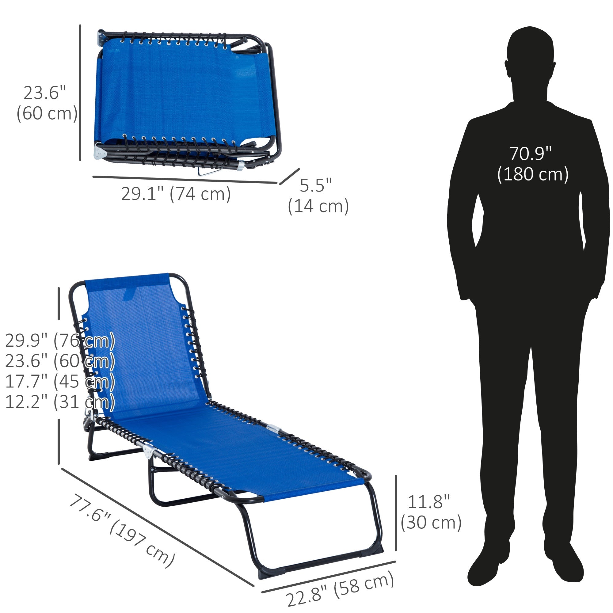 Outsunny Adjustable Folding Beach Bed 4-Level Reclining Lounger Lightweight Portable Outdoor Navy Blue 