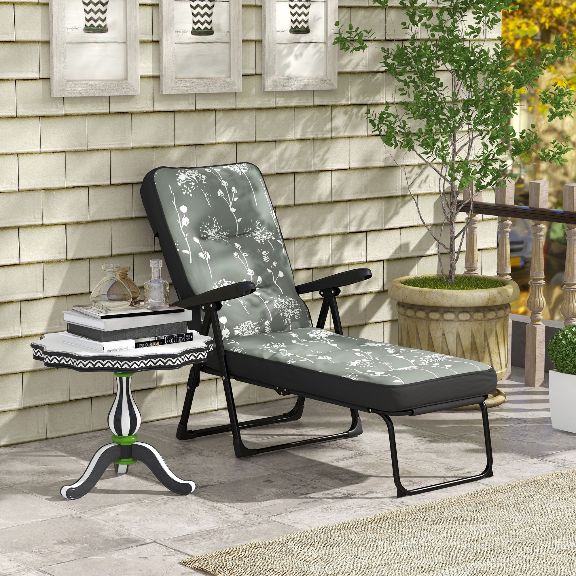 Outsunny Padded Outdoor Lounge Chair Folding Recliner with Adjustable Back Footrest Cushioned Grey 