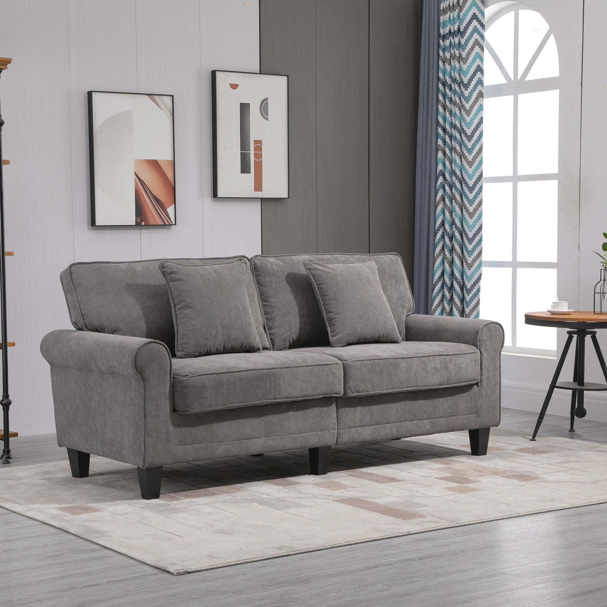 HOMCOM Modern 3 Seater Sofa, Corduroy Fabric 3 Seater Couch with Pine Wood Legs and Rolled Armrests for Living Room, Light Grey 