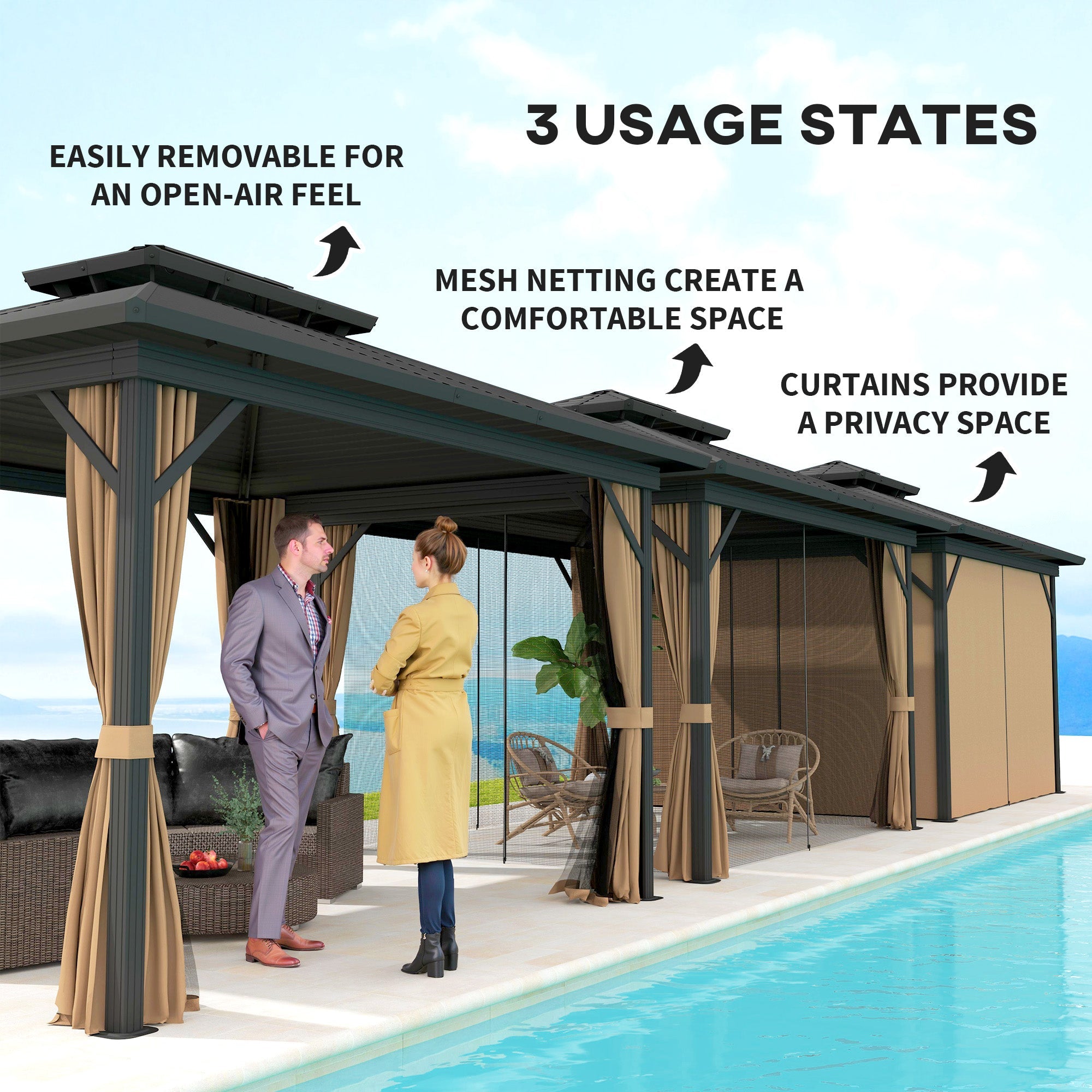 Outsunny 10' x 12' Hardtop Gazebo, Sun Shelter with Double Tier Metal Roof, Mosquito Netting, and Hanging Hook, Dark Brown 