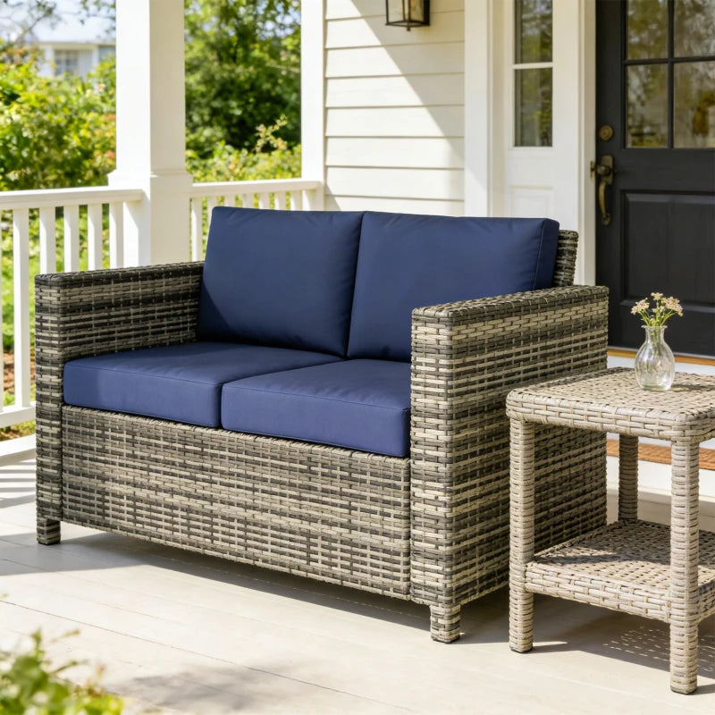 Wicker Outdoor Sofa, All Weather Patio Couch Loveseat with Cushions for Balcony, Deck, Garden, Poolside, Dark Blue