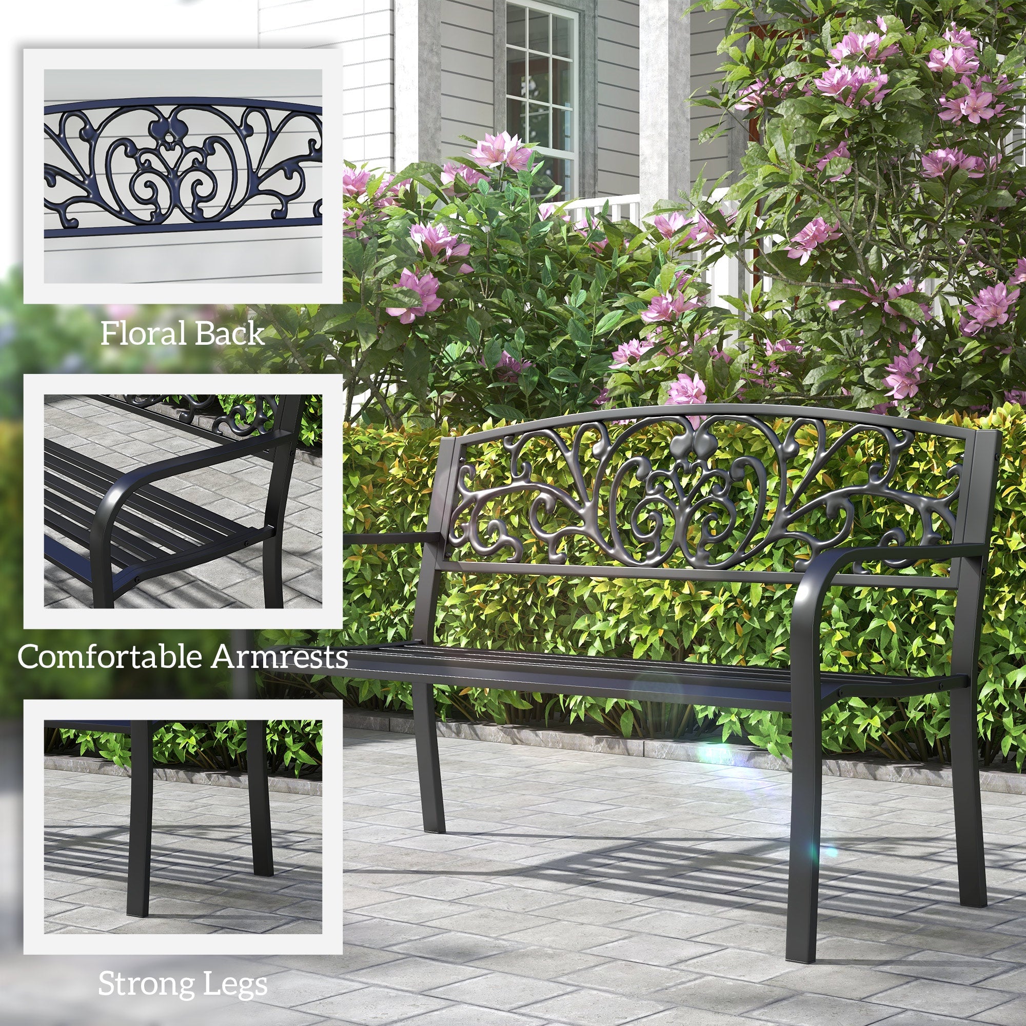Outsunny Garden Bench 50" 2-Seater Outdoor Blossoming Pattern Loveseat Elegant Black 
