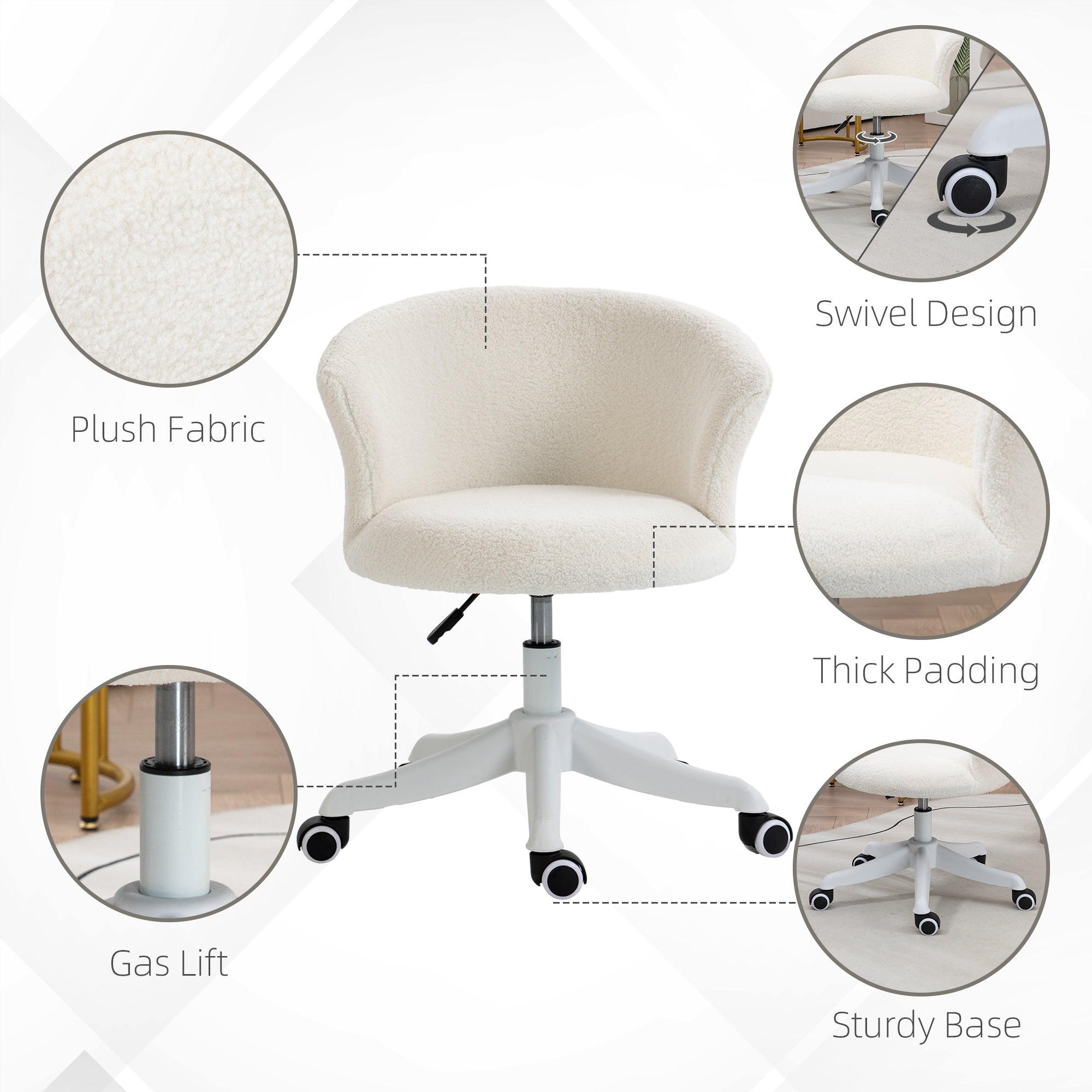 Vinsetto Armless Office Chair Fluffy Adjustable Height Swivel Mid Back White 