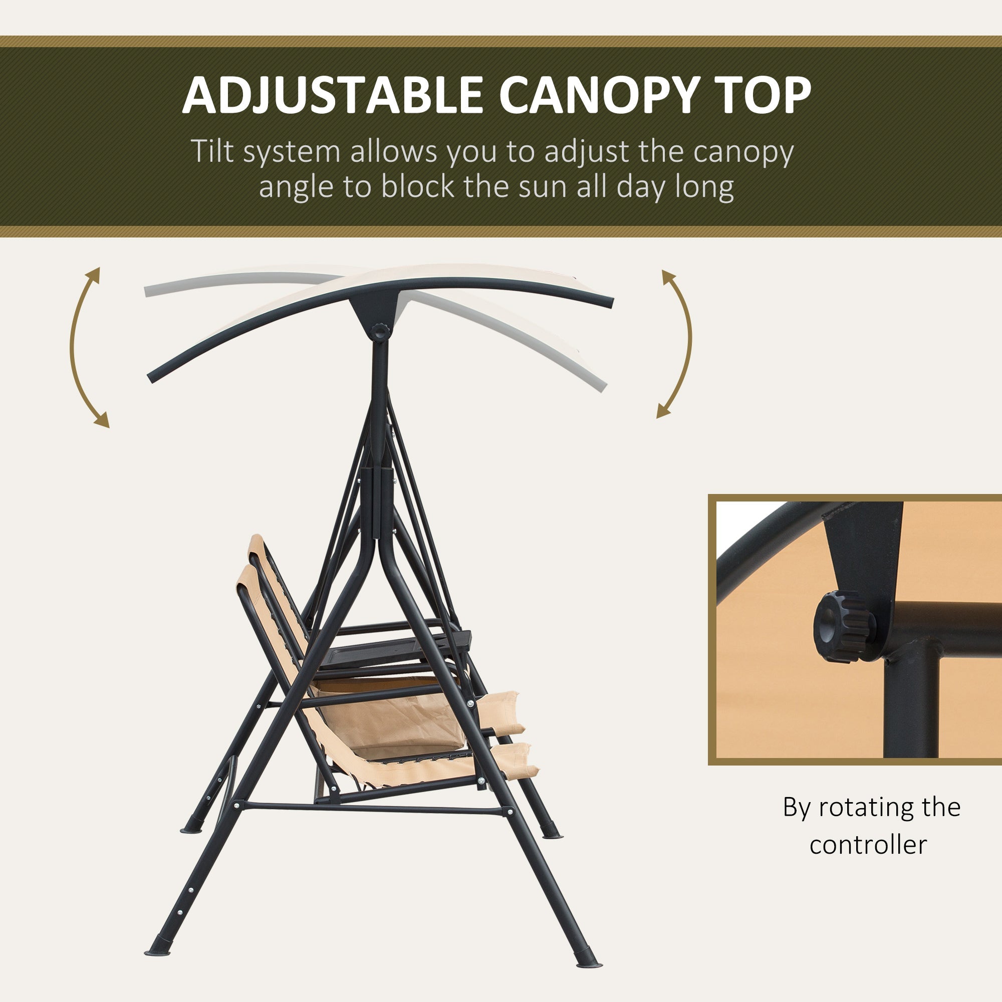 Outsunny Porch Swing: 2-Person Covered Swing with Pivot Table Cup Holder Adjustable Canopy Beige 