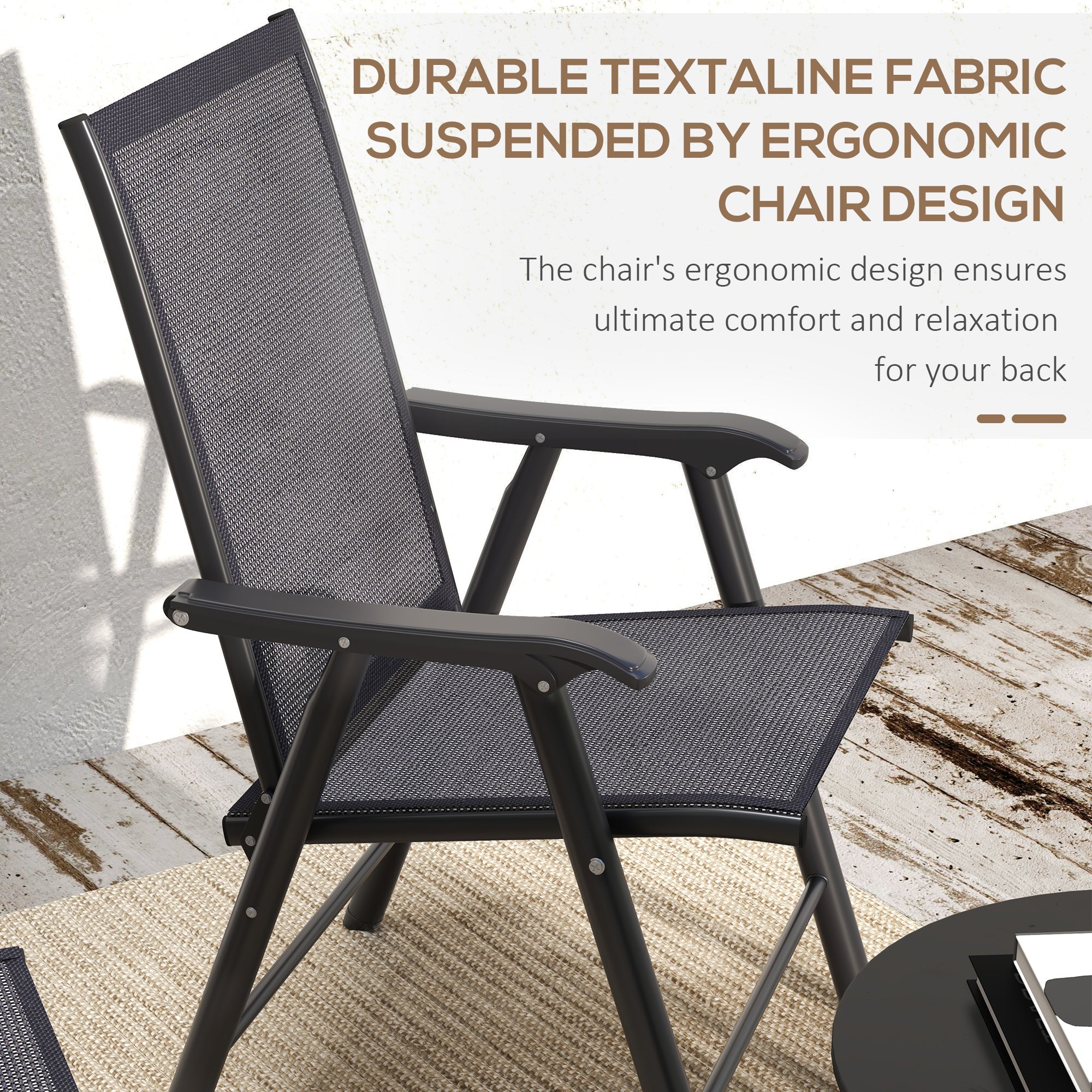 Outsunny 4-Piece Folding Chair Set for Relaxing on Patio Balcony Garden, Comfortable Outdoor Furniture with Armrests, Dark Grey 