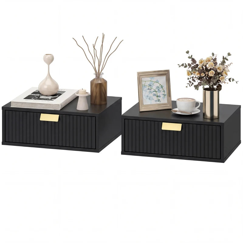 Modern Floating Nightstands Set of 2, Wall Mounted Bedside Tables with Wave Drawer Black
