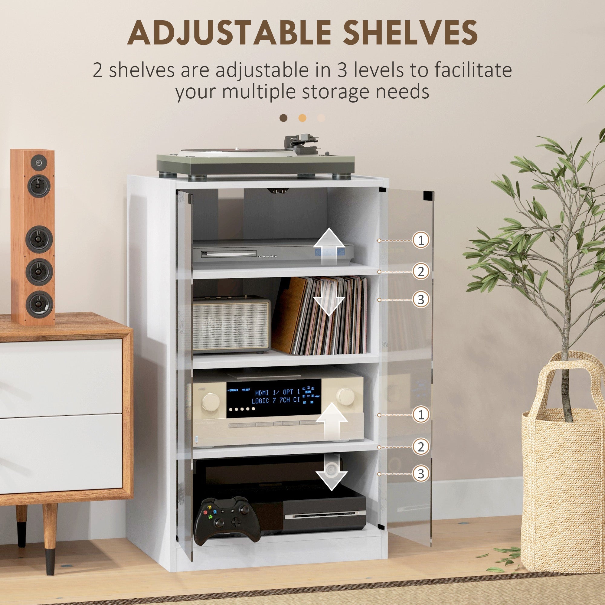 HOMCOM Distressed White Media Stand: 5-Tier with Adjustable Shelves, Tempered Glass & Cable Management 