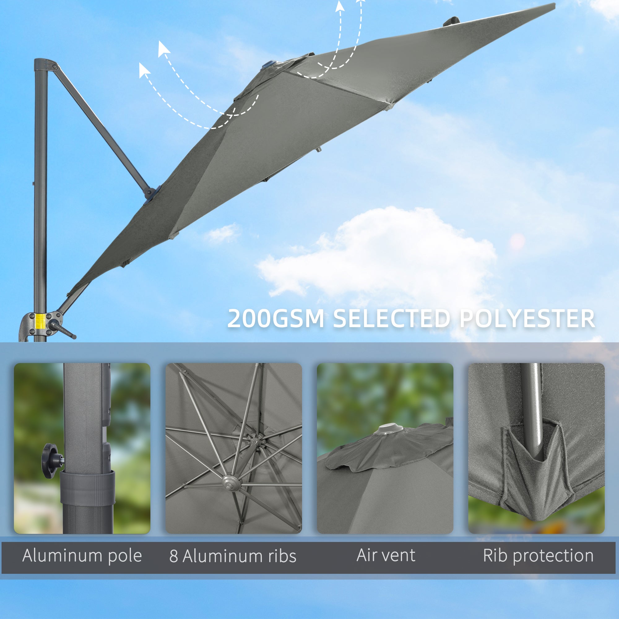 Outsunny Patio Offset Cantilever Umbrella: Φ9.6ft Aluminum Crank Parasol with 360° Rotation & Cross Base, Grey 