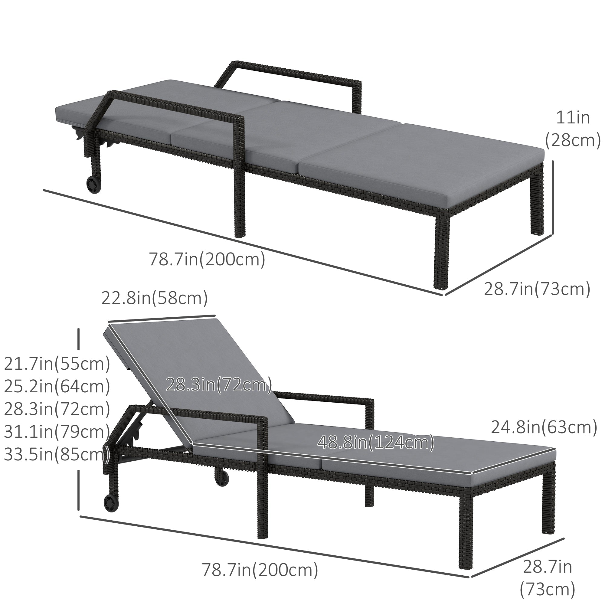 Outsunny Wicker Chaise Lounger with 5-Level Adjustable Backrest, Light Grey 