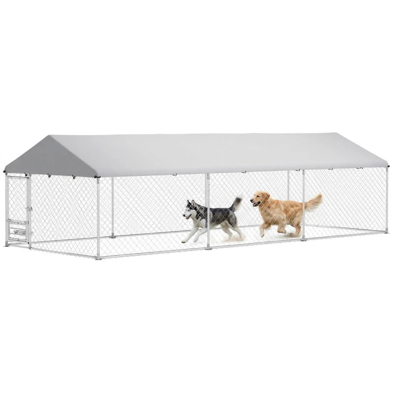 Outdoor Dog Run w/ Adjustable & Rotating Bowls, Water-Resistant UV-Resistant Cover, Secure Lock, 19.7' x 7.5' x 5.2'