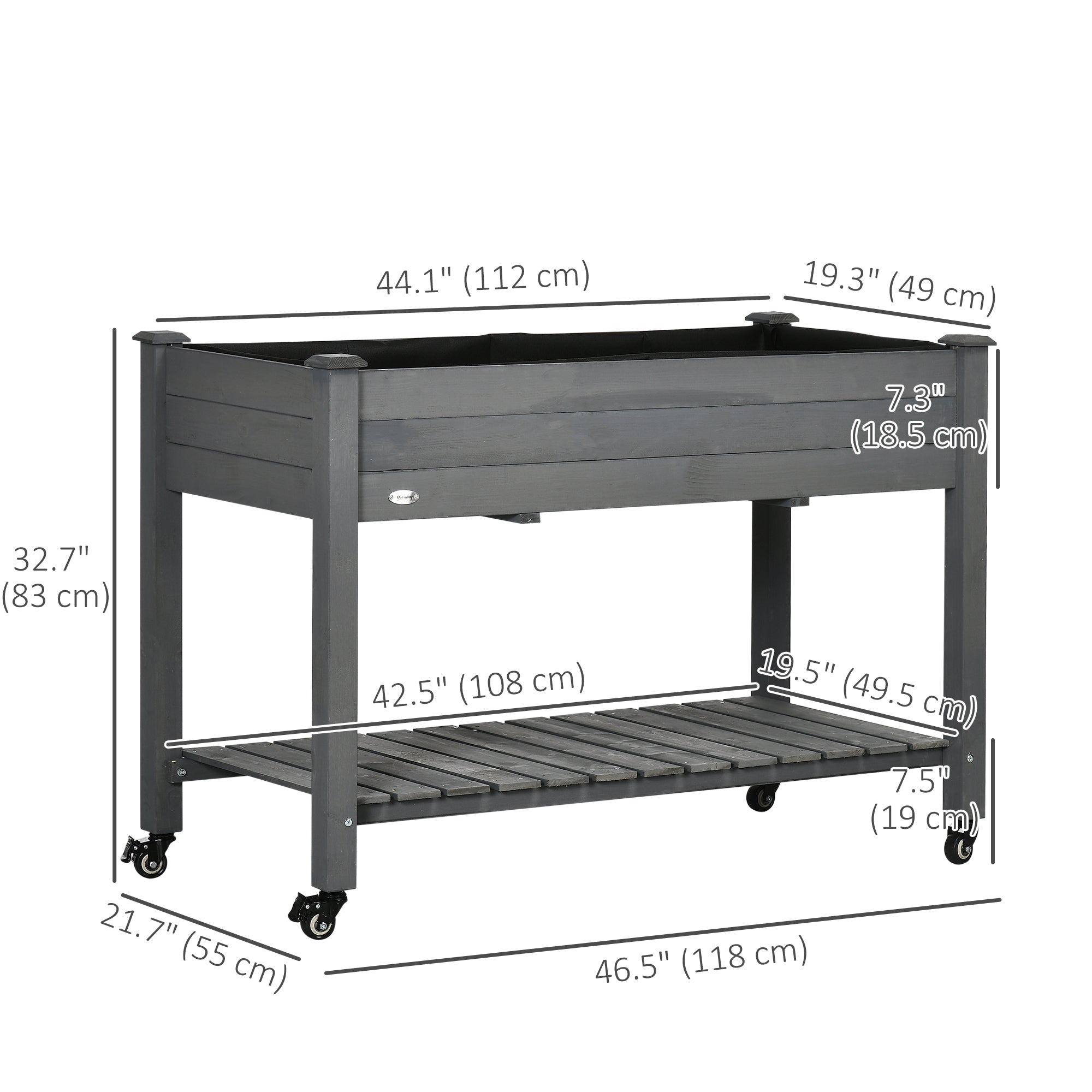 Outsunny Elevated Mobile Garden Bed - Dark Grey Wood Planter Box with Lockable Wheels & Storage Shelf for Herbs & Vegetables 