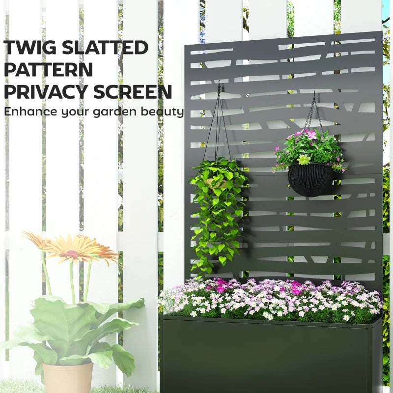 Metal Planter Box with Trellis, Raised Garden Bed with Twigs Slatted Cut-Out Privacy Screen and Wheels