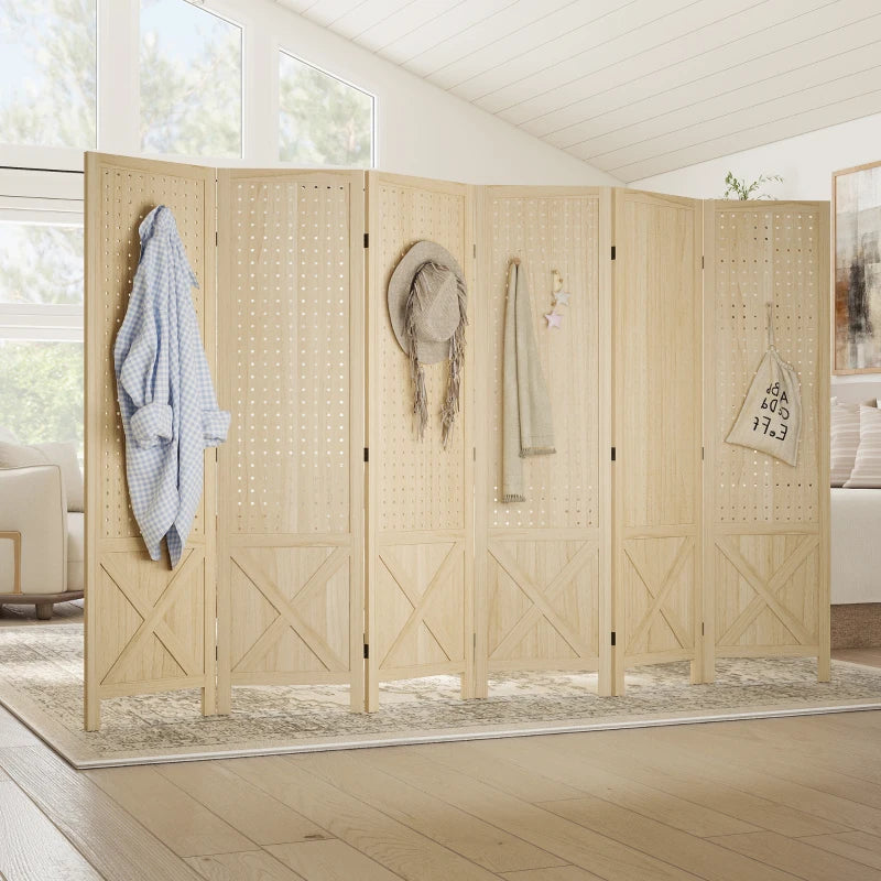 Wooden Room Divider with Pegboard Display, 6 Panel Folding Privacy Screen for Home Office, Natural Wood