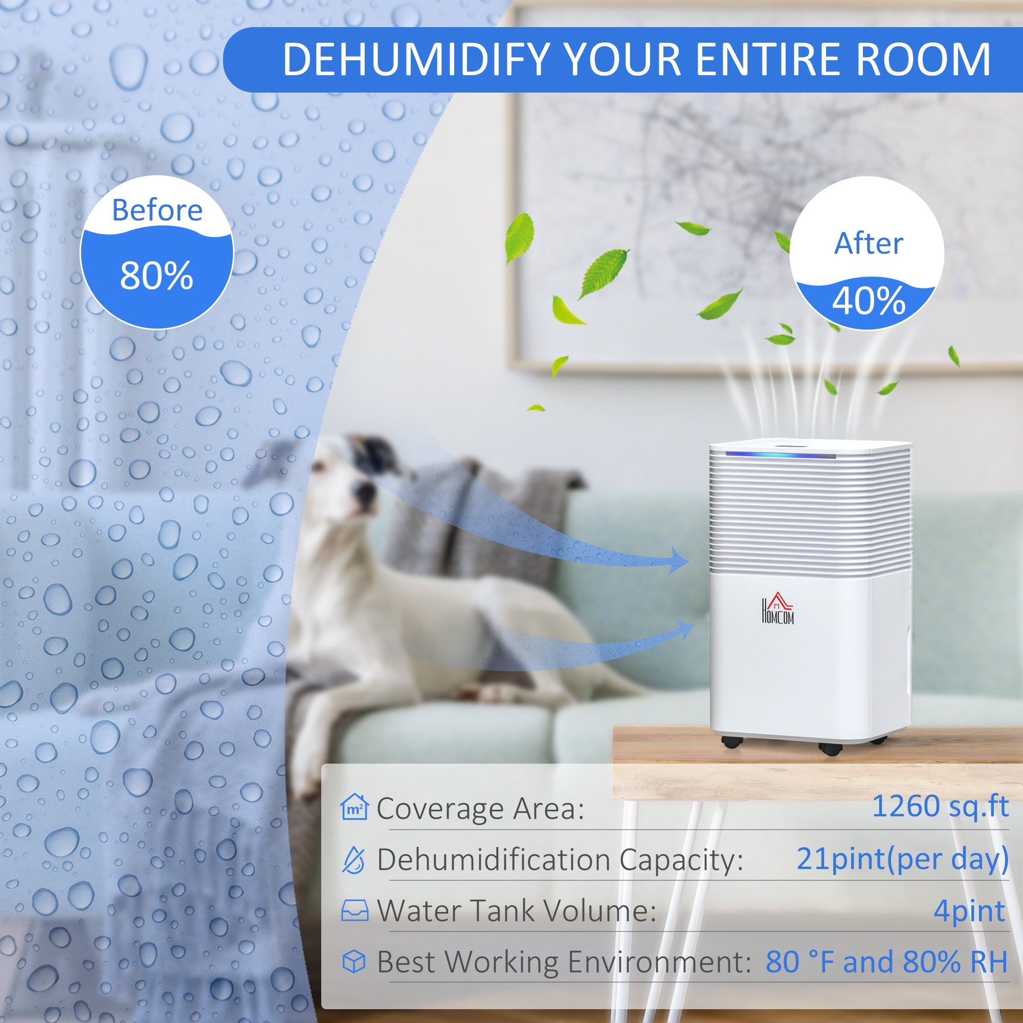 HOMCOM 1260 sq.Ft Portable Quiet Dehumidifier for Home Laundry Room, 21pt Electric Moisture Air De-Humidifier with 3 Modes 