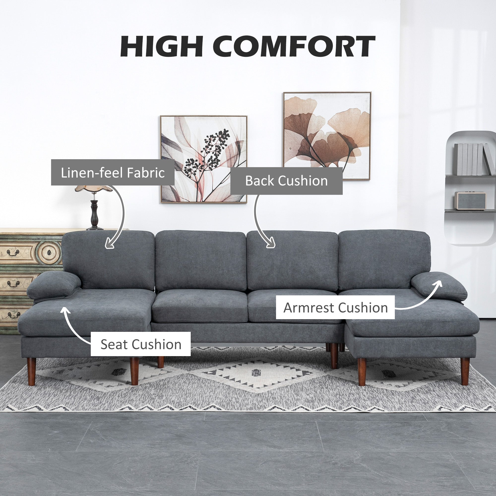 HOMCOM U-Shaped Dark Grey Couch - Contemporary 4-Seater Sofa with Double Chaise Lounge & Wooden Legs for Spacious Living Areas 