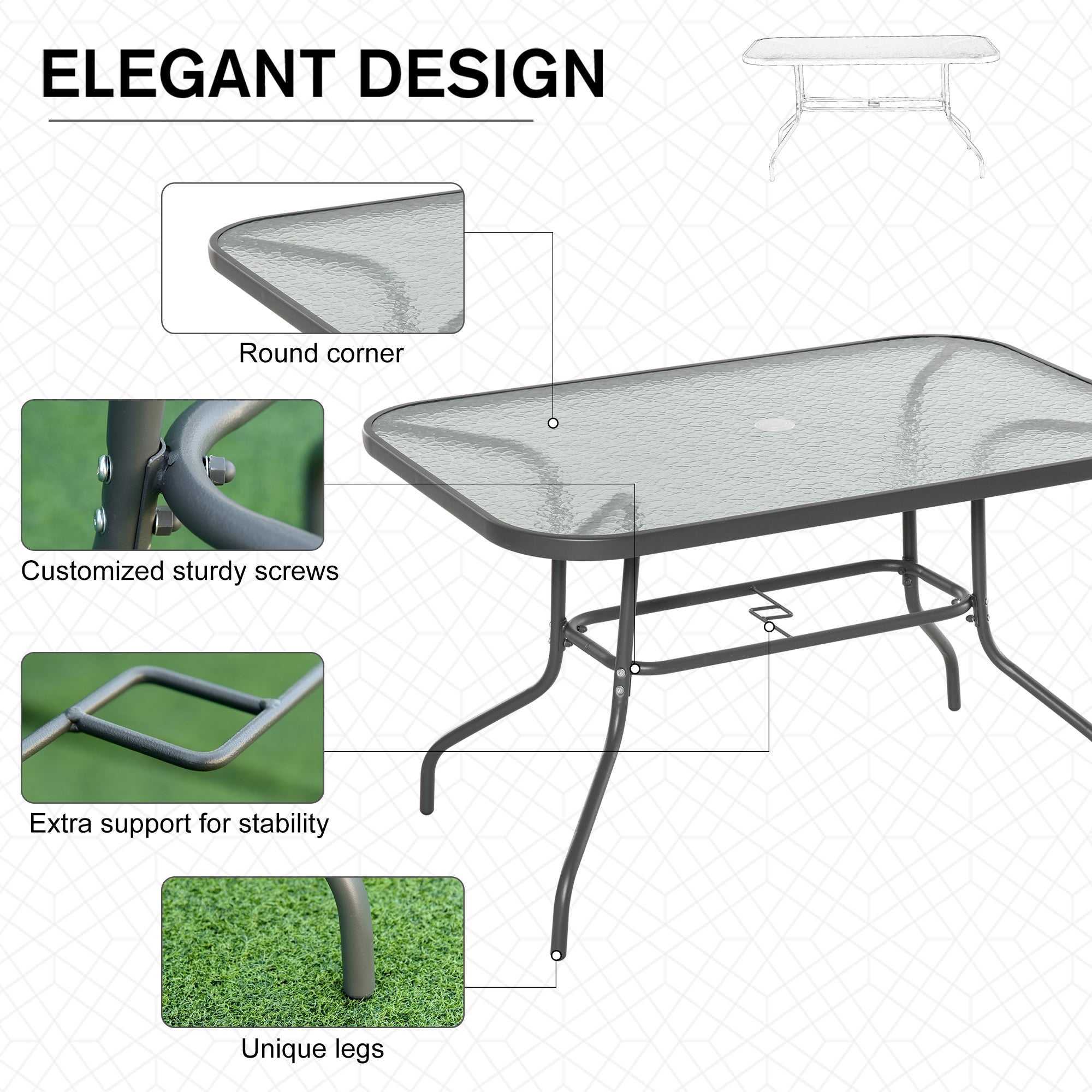 Outsunny Outdoor Patio Dining Table Metal w Tempered Glass Top Umbrella Hole Garden Furniture 47.25" x 31.5" 