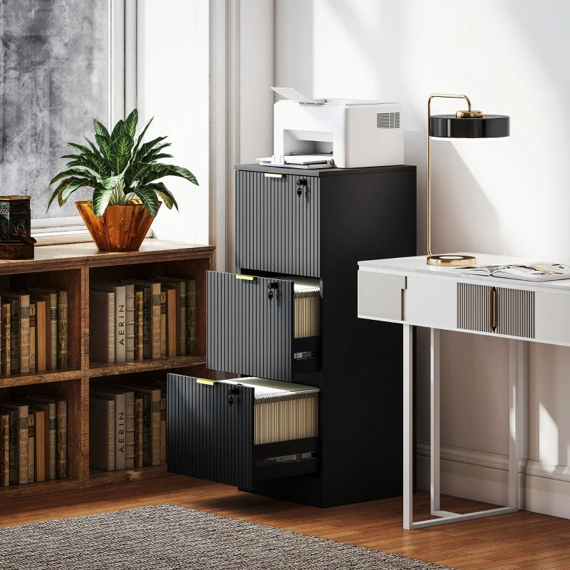 Lockable Filing Cabinet with 3 Fluted Drawers, File Cabinet with Adjustable Hanging Rails for A4 Letter Files, Black