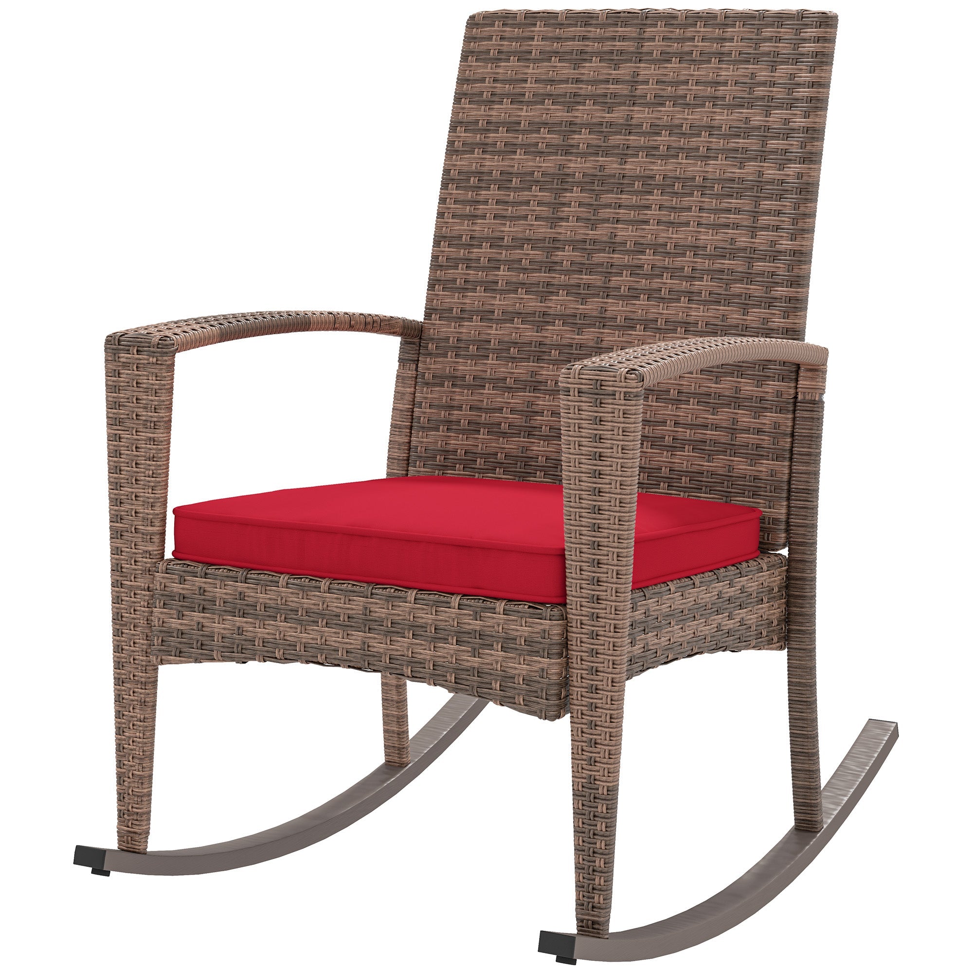 Outsunny Outdoor PE Rattan Rocking Chair, Garden Glider Rocking Chair, Wicker Patio Chair Set with Armrest and Cushion, Wine Red 