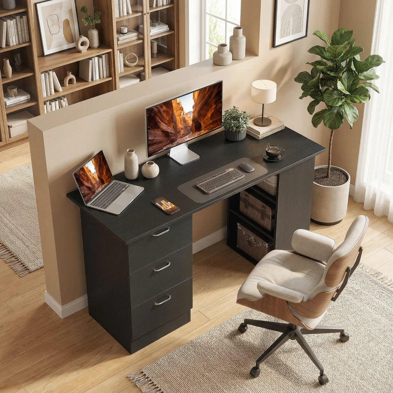 Computer Desk, 47" Writing Table with 3-Tier Shelves and 3 Reversible Drawers for Home Office, Bedroom, Black