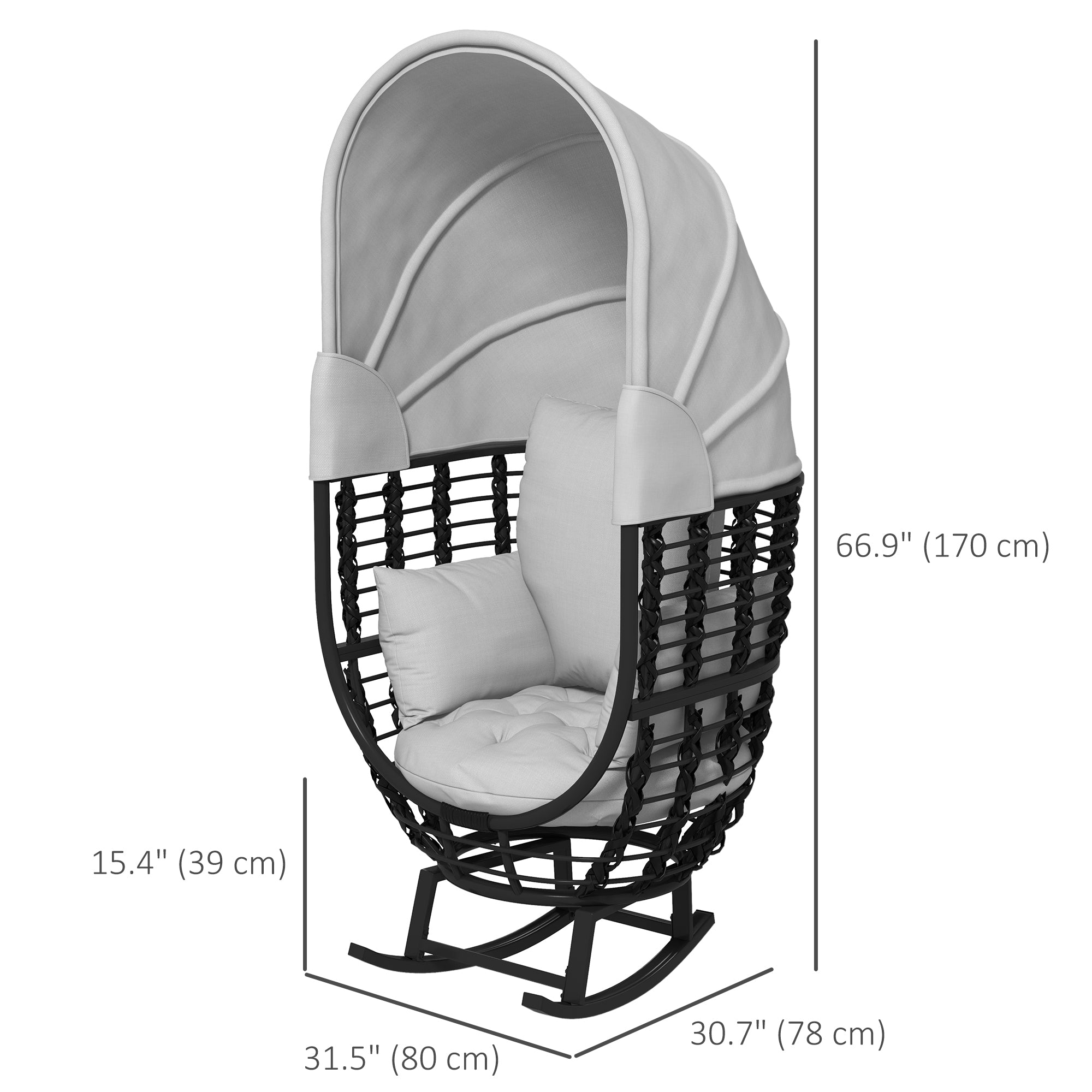 Outsunny Rattan Rocking Chair with Canopy - Cushioned Outdoor Lounger for Garden, Balcony, Porch, Patio in Grey 