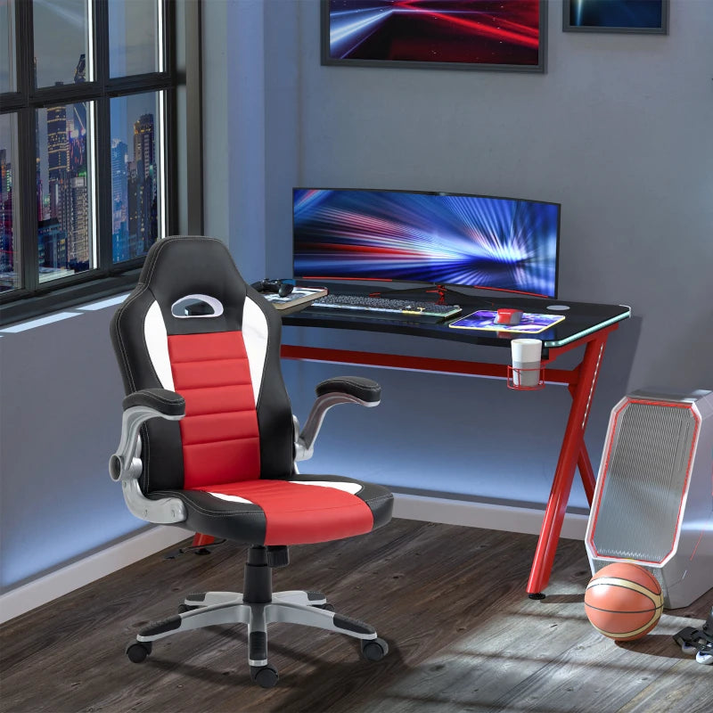 Racing Gaming Chair PU Leather Office Chair Executive Computer Desk Chair with Adjustable Height, Flip Up Armrest, Swivel Wheels, Red