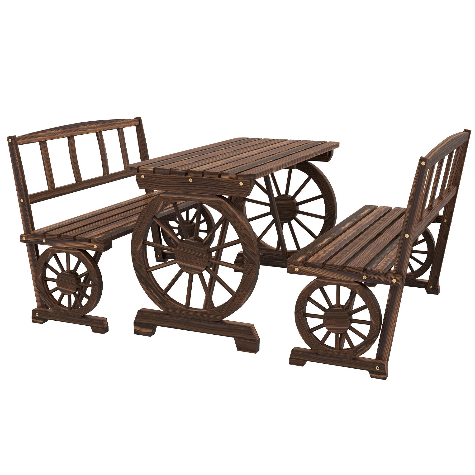 Outsunny Wooden Patio Table and Chairs for 4 People 3-Piece Carriage Wheels Design for Porch, Backyard, Balcony, Carbonized 
