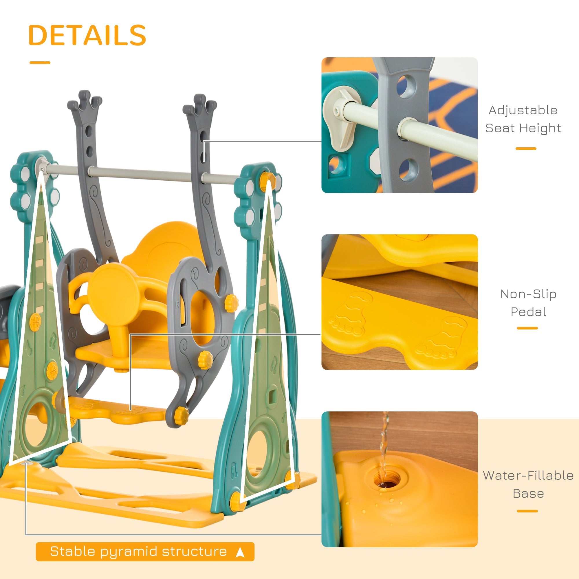 Qaba 3-IN-1 Kids Swing and Slide Set with Basketball Hoop Slide Swing Adjustable Seat Height Toddler Playground Activity Center 