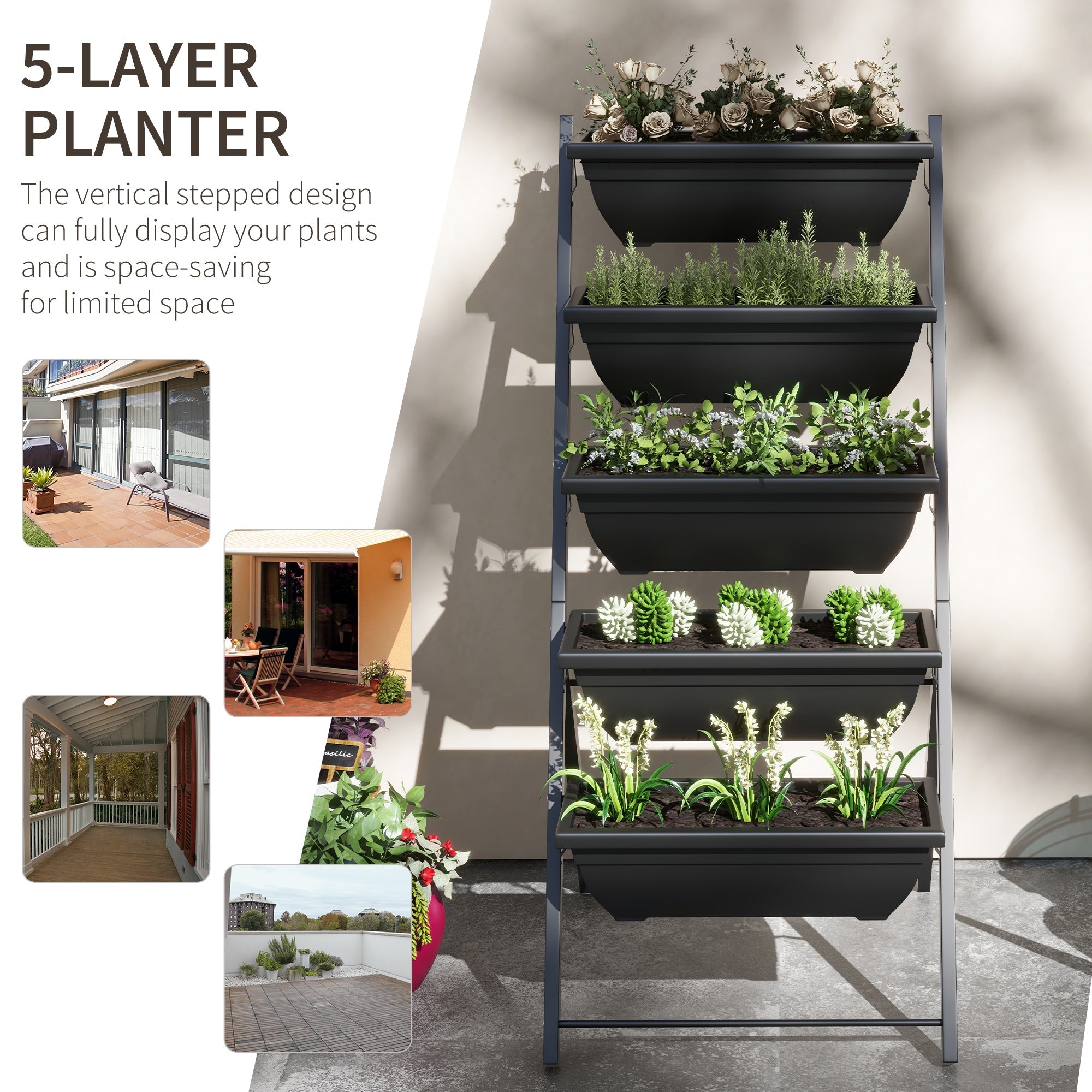 Outsunny 5-Tier Raised Garden Bed with 5 Planter Box, Outdoor Plant Stand Grow Containers with Leaking Holes, Black 