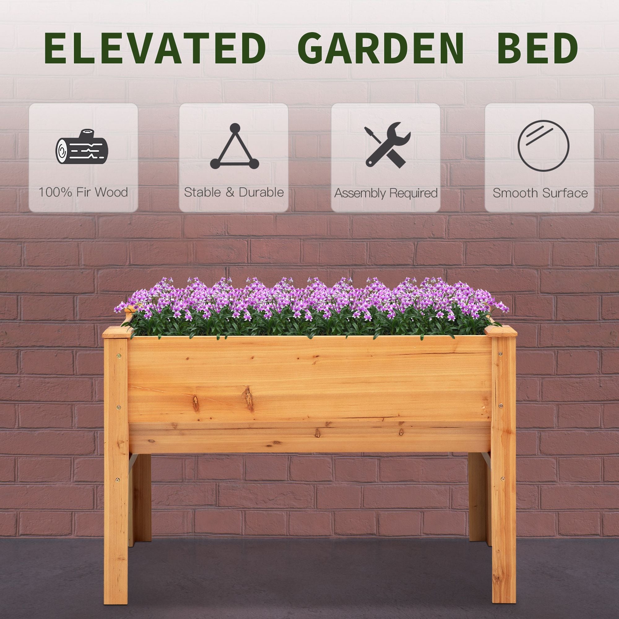 Outsunny Wooden Raised Garden Bed Tall Outdoor Plant Stand Flower Box with Hooks Natural Wood 