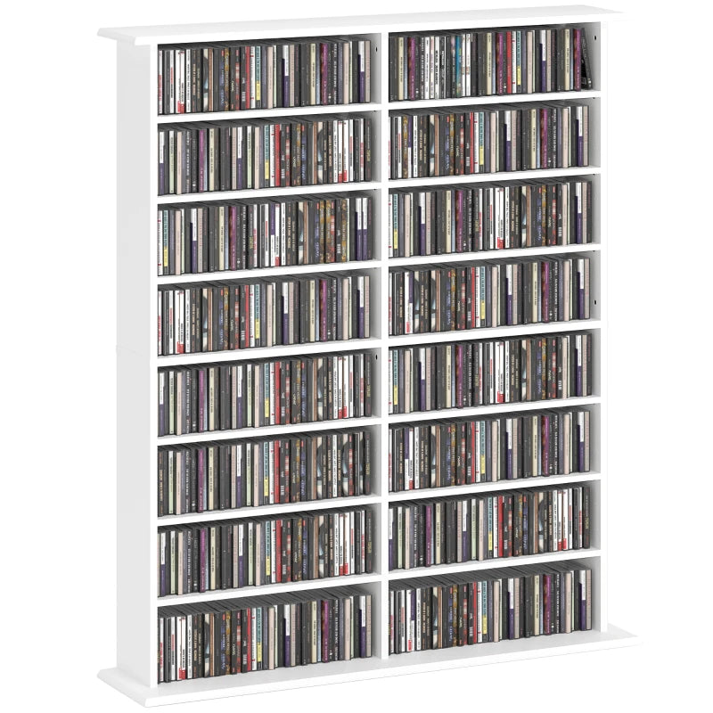 8-Tier DVD Shelf with 12 Adjustable Shelves, Double CD Shelf, Holds 720 CDs, 396 DVDs or 396 Blu-rays, White