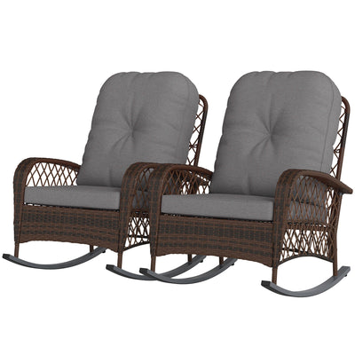 Outsunny Outdoor Wicker Rattan Rocking Chair Set of 2, Patio Rocker with Thick Cushions for Garden Backyard Porch, Grey 