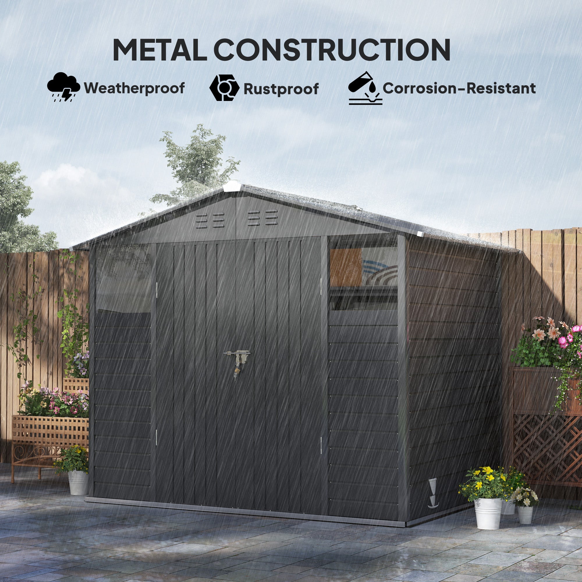 Outsunny 8' x 6' Outdoor Storage Shed, Metal Garden Shed with 2 Windows, 4 Vents, Lockable Doors and Gloves, Dark Grey 