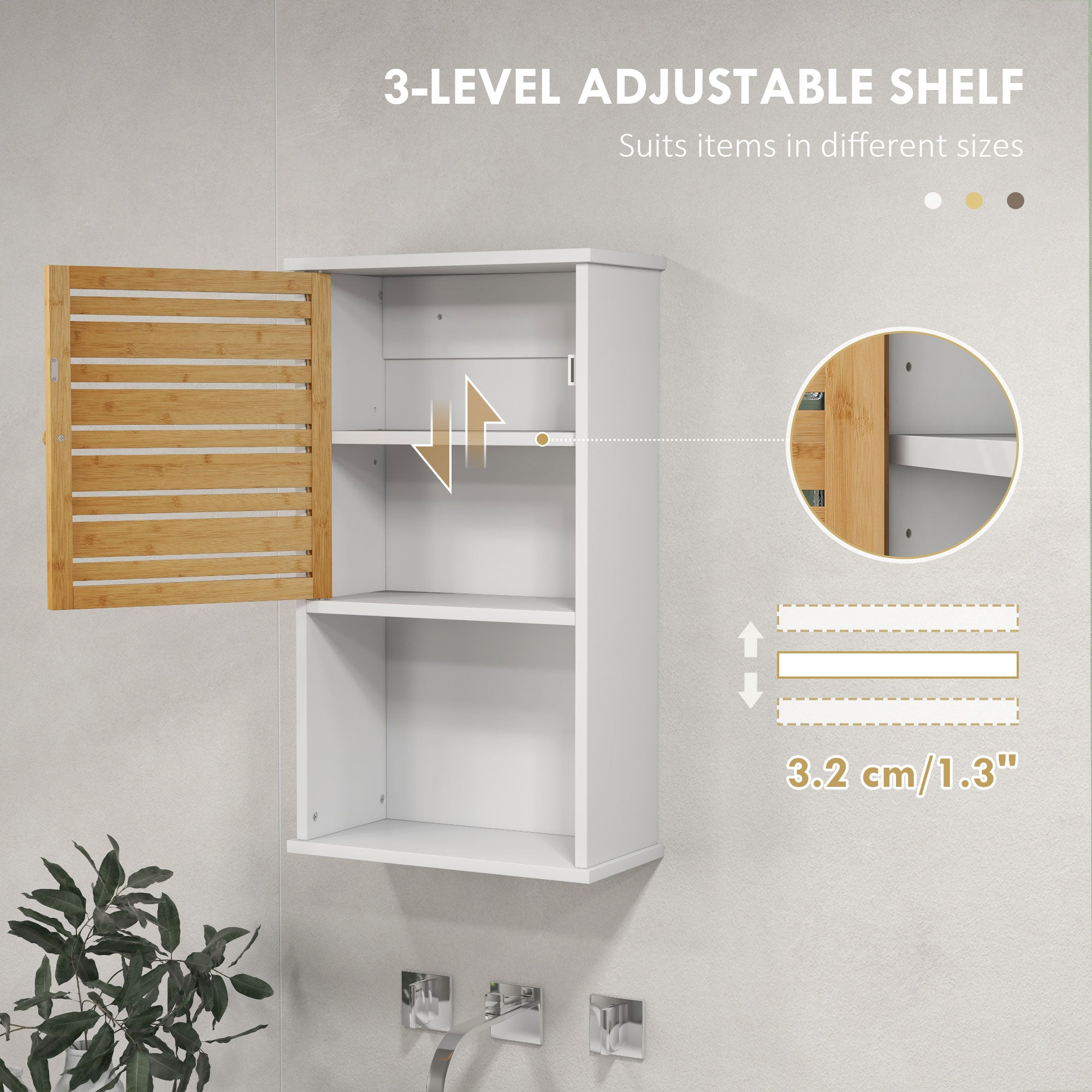 HOMCOM Wall Mounted Bathroom Cabinet Storage Bamboo Slat Door Adjustable Shelf White 