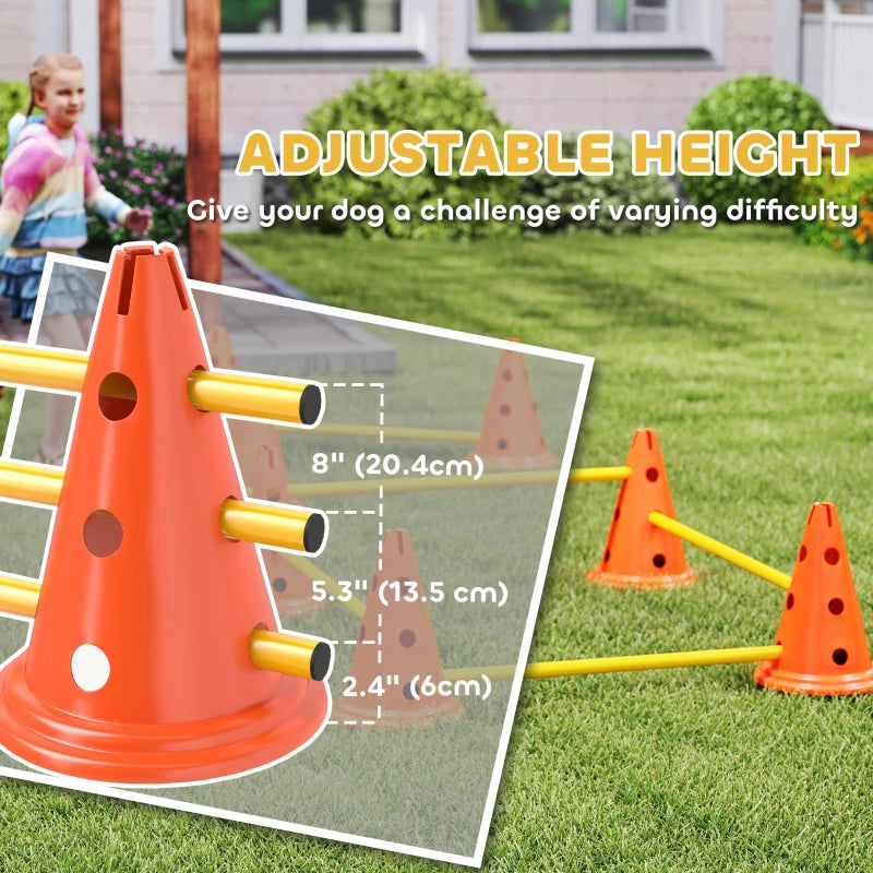 Dog Agility Hurdle Cone Set, Adjustable Obstacle Course Equipment with 8 Cones & 8 Poles, Carry Bag, Orange