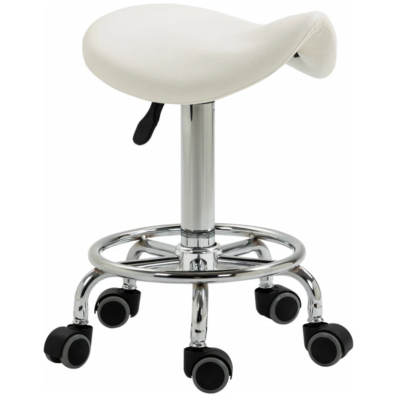 Saddle Stool, PU Leather Adjustable Rolling Salon Chair for Massage, Spa, Clinic, Beauty and Tattoo, White