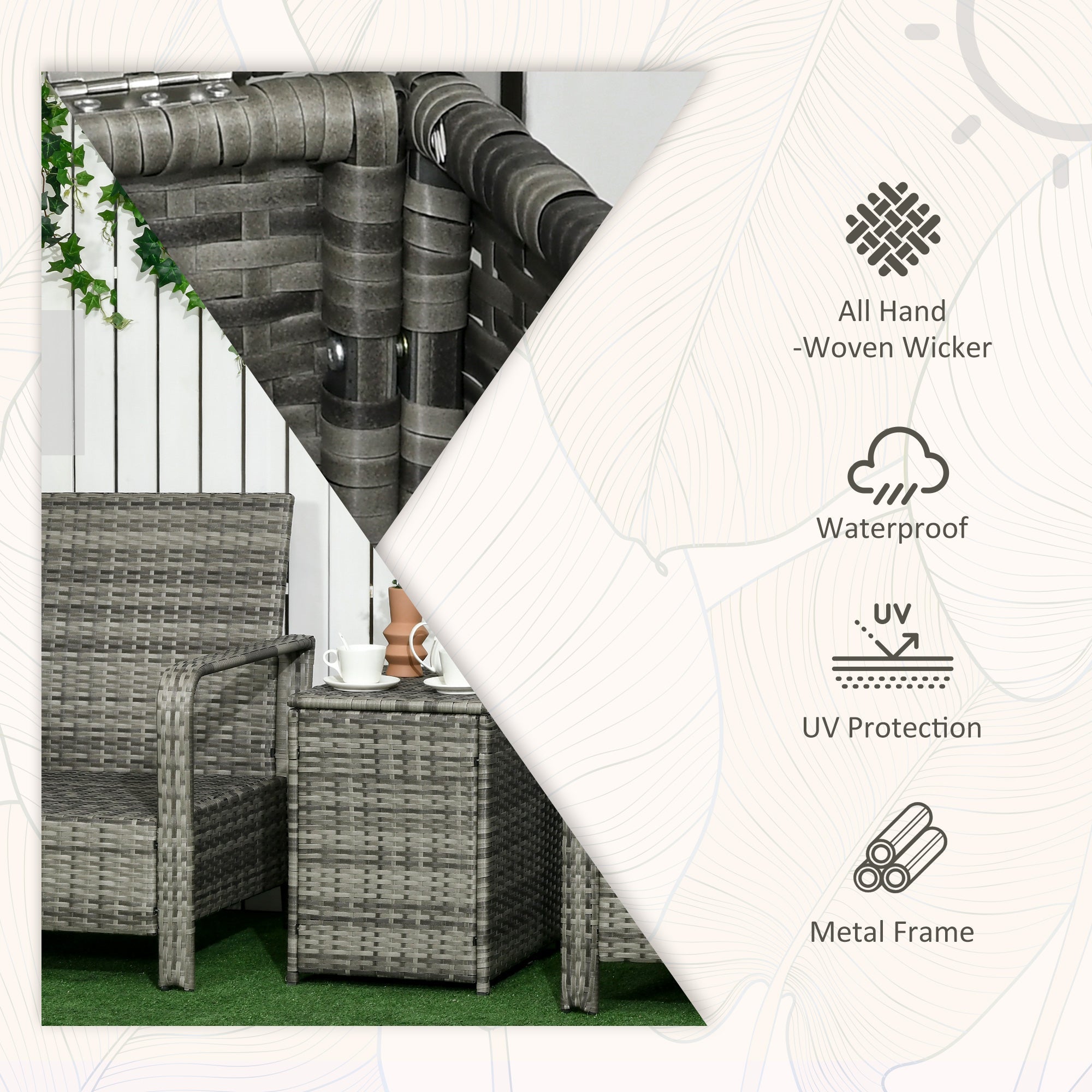 Outsunny 3 Pieces Patio Bistro Set, PE Rattan Garden Sofa Set with 2 Padded Chairs 1 Storage Table, Beige 