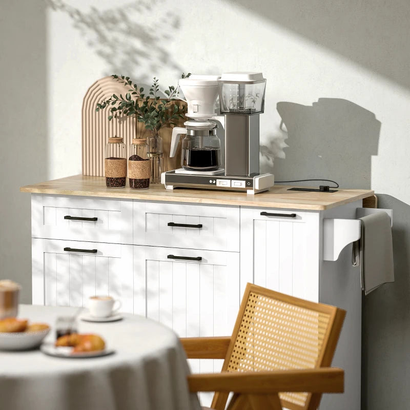 Kitchen Island on Wheels with Wood Drop Leaf, Charging Station, Rolling Kitchen Cart with Adjustable Shelf, White