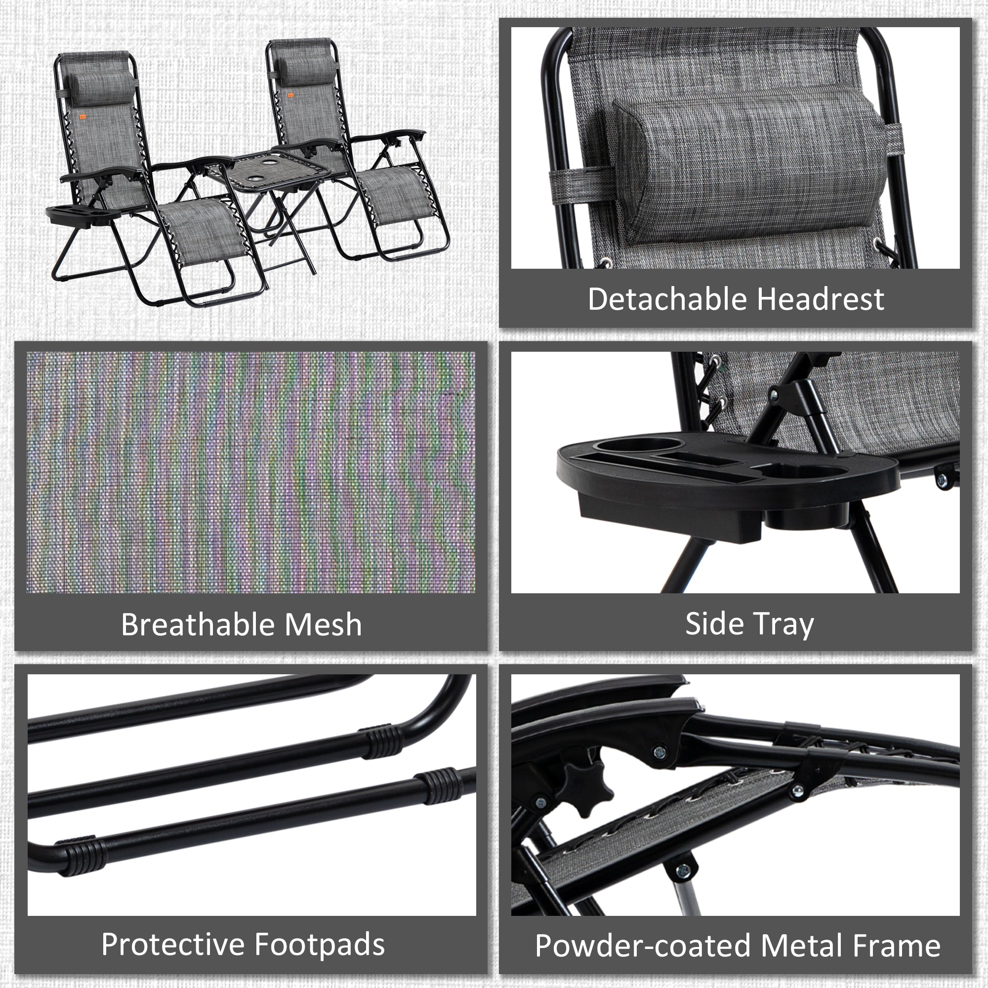 Outsunny Zero Gravity Chair Set of 2 Patio Chair with Side Table Cupholders and Pillows for Pool, Backyard, Lawn, Beach, Grey 