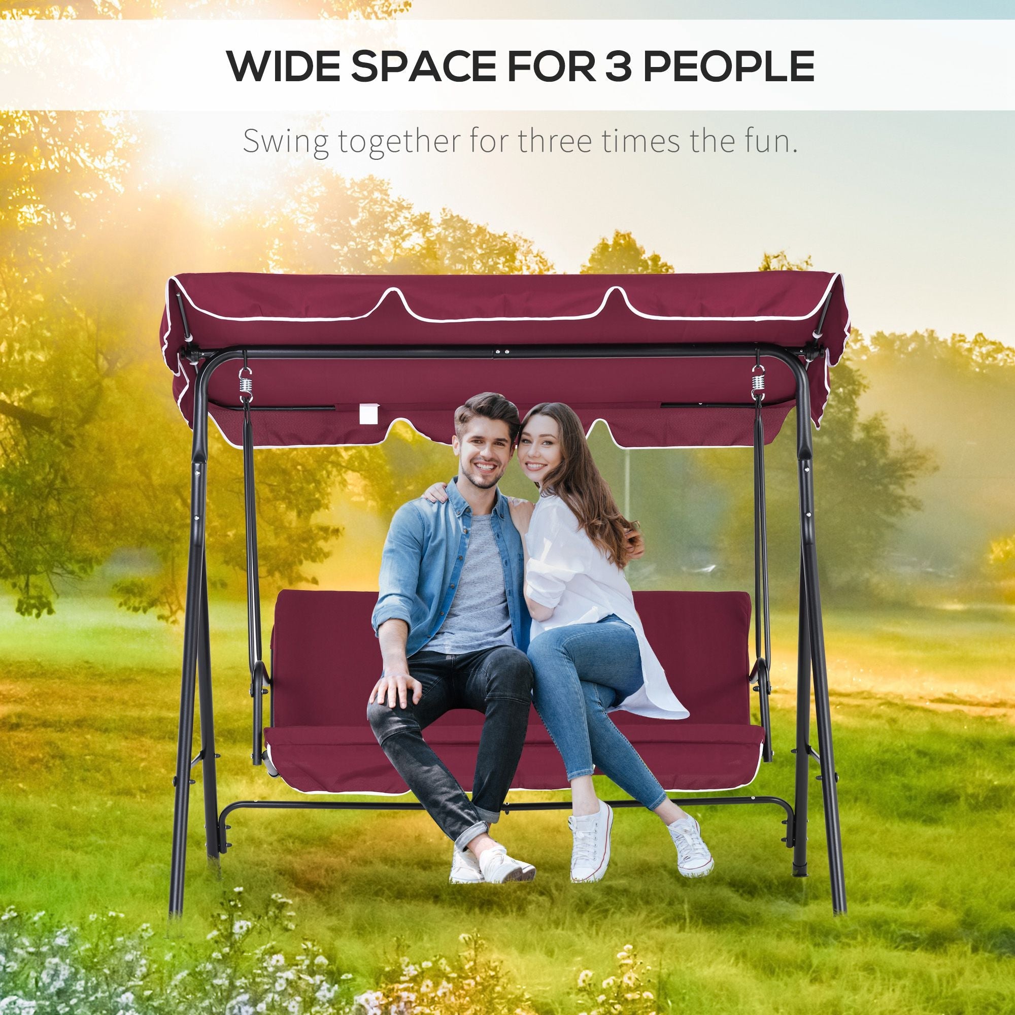 Outsunny Meatal 3-Seater Outdoor Porch Swing with Stand Cushioned Garden Lounger Patio Hammock with Frame and Canopy, Wine Red 
