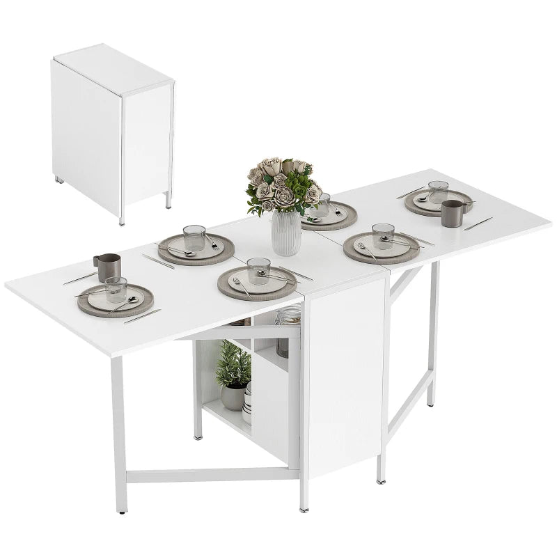 Multi-use Foldable Table with Hideaway Shelves, Drop Leaf Table for Kitchen, Dining, Study and Office, White
