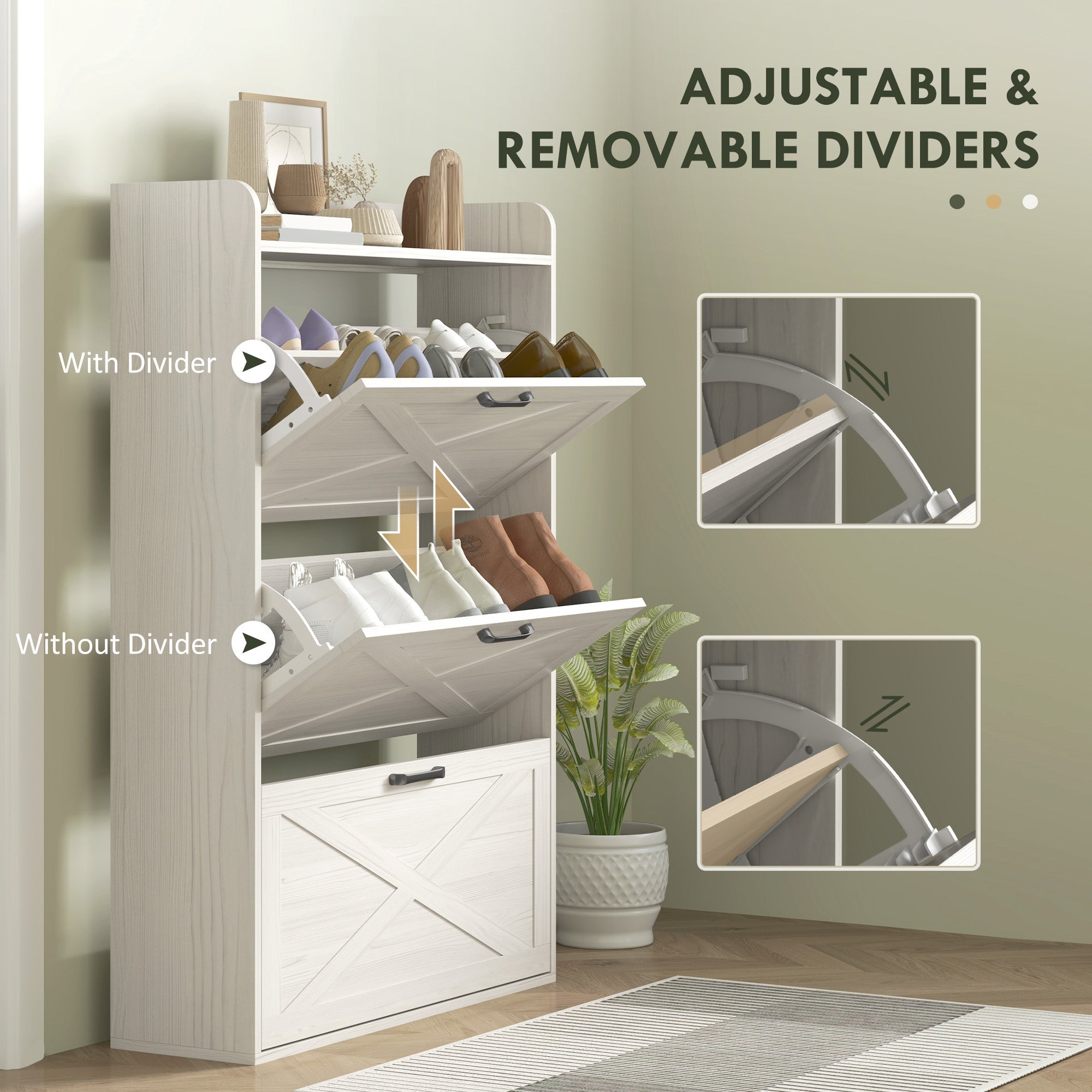 HOMCOM Narrow Shoe Storage Cabinet Farmhouse Shoe Cabinet with 3 Flip Drawers Adjustable Shelves for Entryway White Wood Grain 