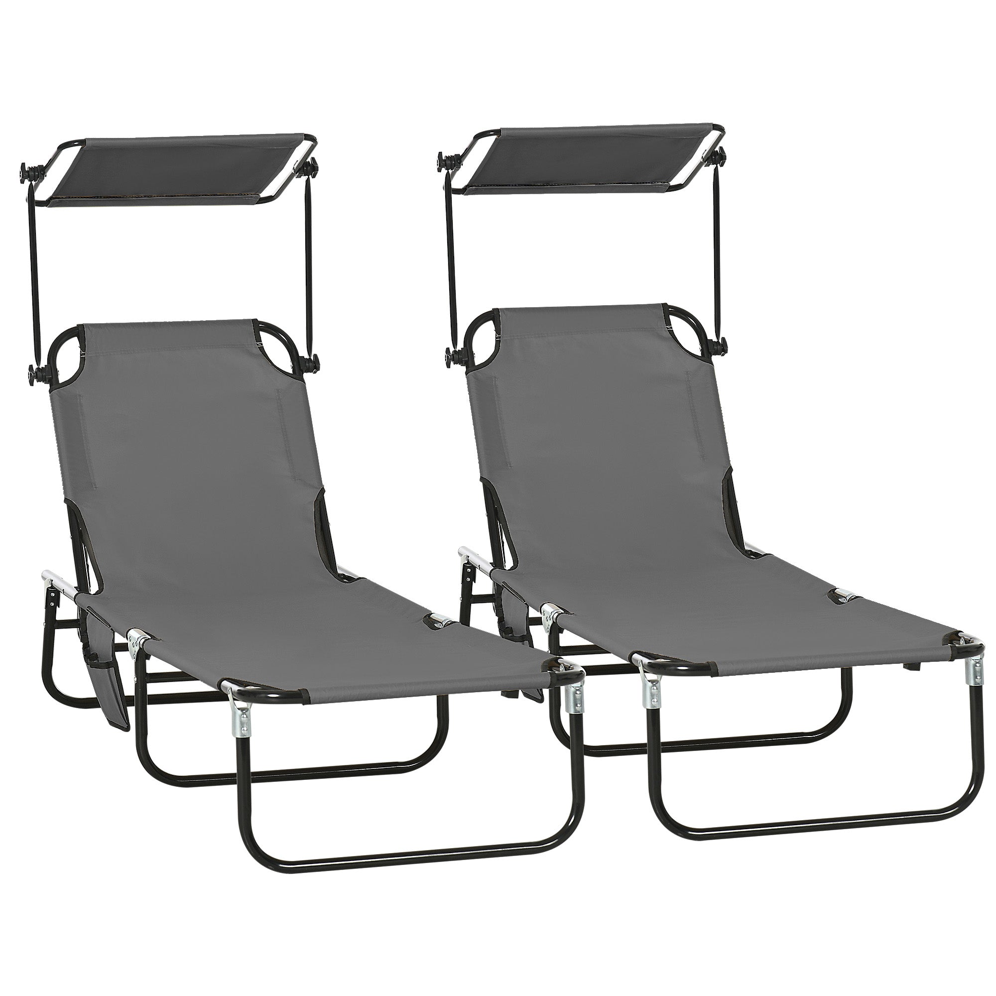 Outsunny 2 Piece Folding Outdoor Chaise Lounges, Pool Tanning Chairs with Reclining Back, Sunshade for Beach, Patio, Dark Grey 