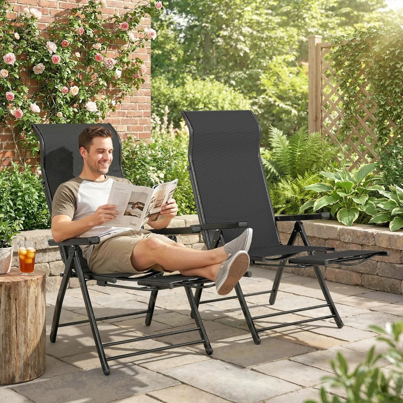 Folding Patio Chairs Set of 2, 5-Position Outdoor Lounge Chairs with High Back, Retractable Footrest, Black