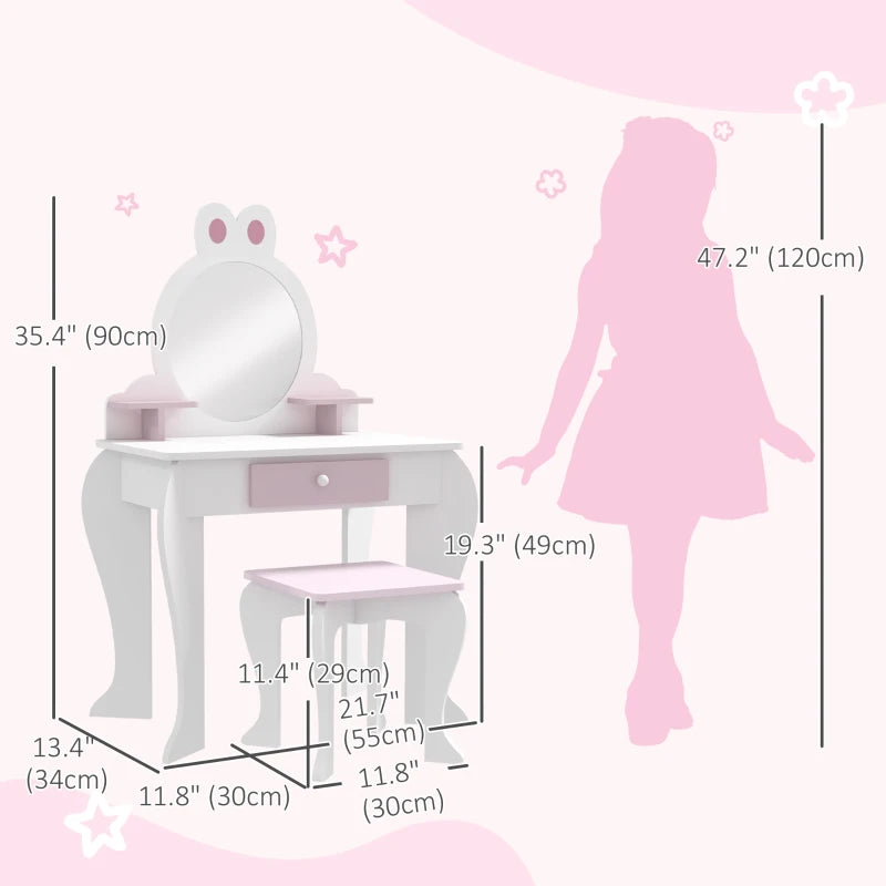 Qaba Kids Makeup Vanity Set with Stool, Mirror, Drawer, Storage Boxes, Rabbit Design, White