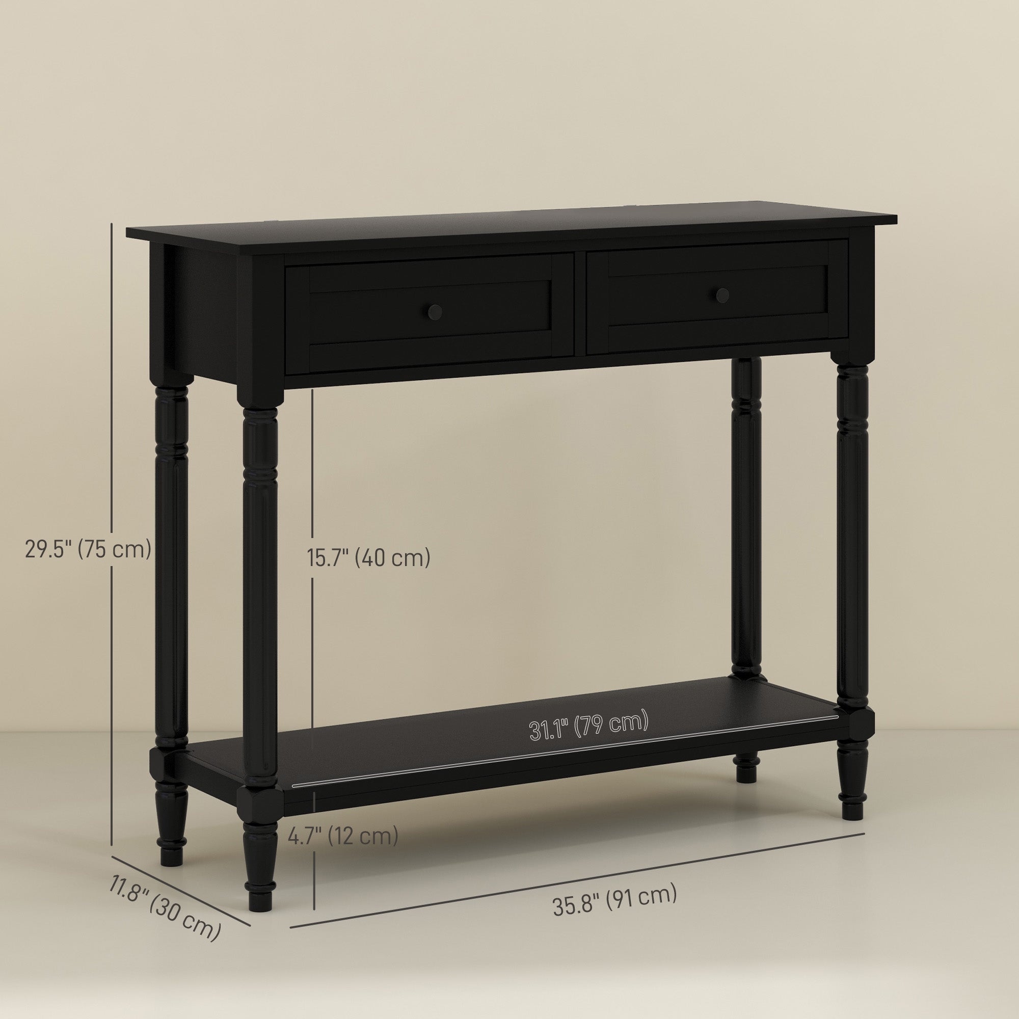 HOMCOM Hallway Console Table, Modern Entryway Table with 2 Drawers, Storage Shelf, Turned Legs for Living Room, Bedroom, Black 
