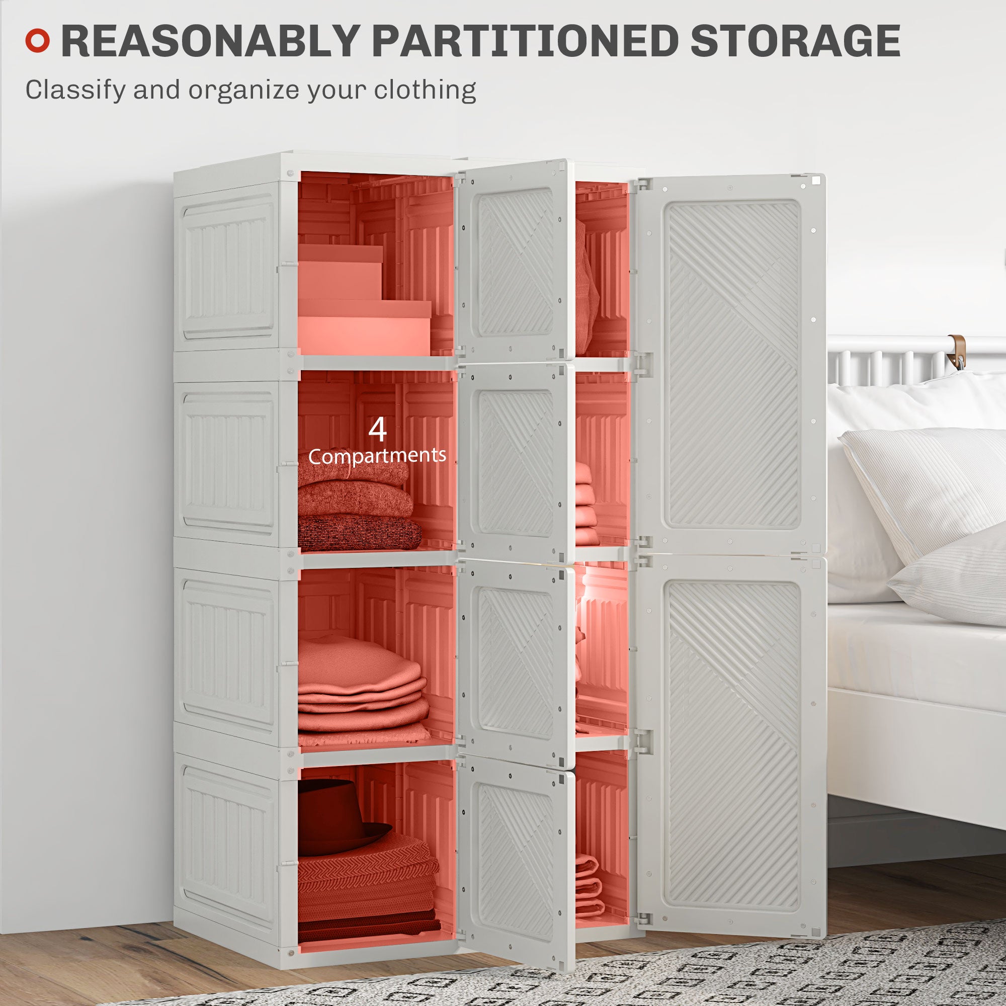 HOMCOM Portable Wardrobe, Foldable Clothes Storage Organzier with 8 Compartments, Magnet Doors, White 