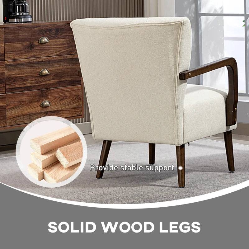 Accent Chair with Wooden Legs, Linen Fabric Armchair with Thick Padding, Comfy Chair for Living Room, Cream White