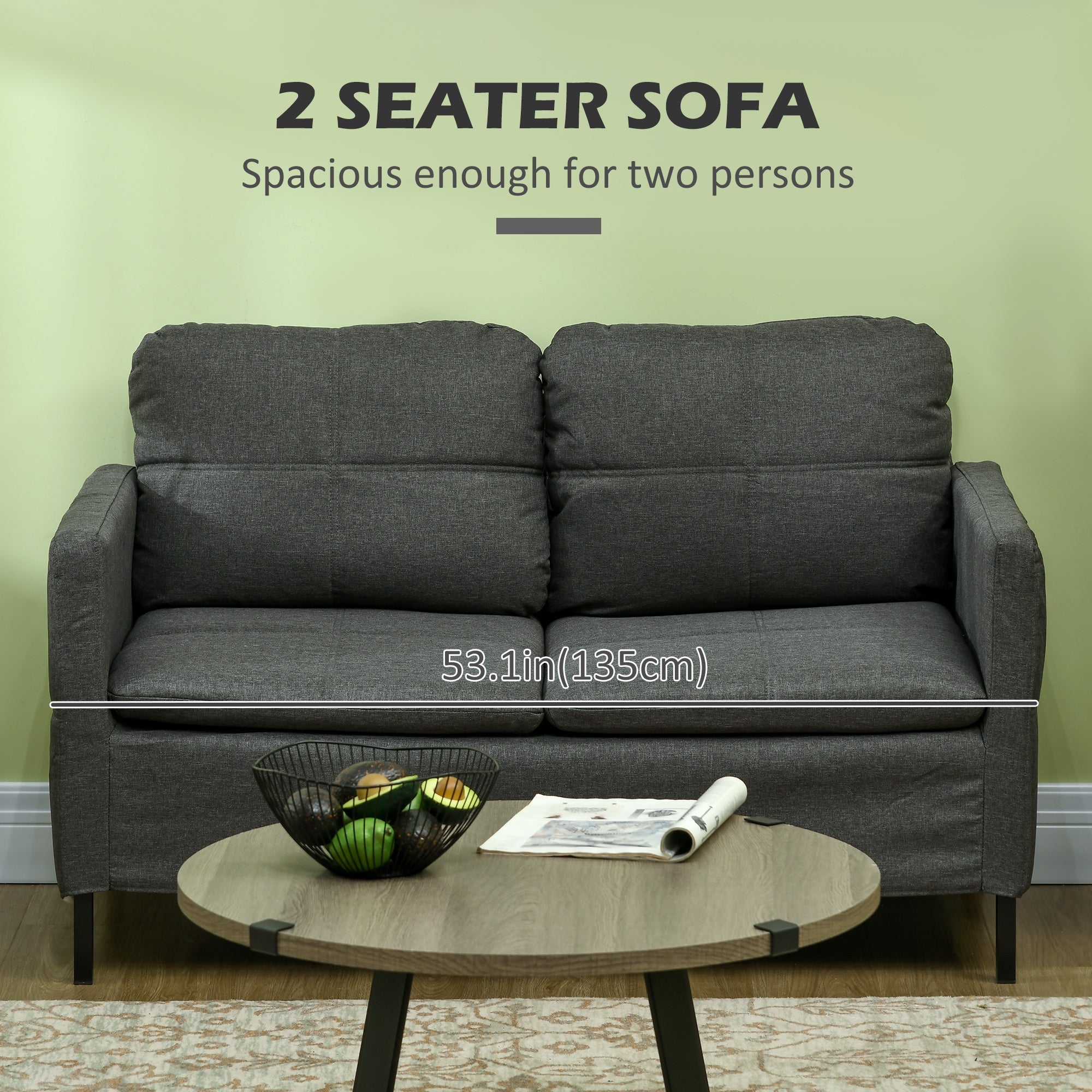 HOMCOM Sofa 53" 2-Seater Upholstered Two Seater Couch Steel Legs Bedroom Living Room Dark Grey 