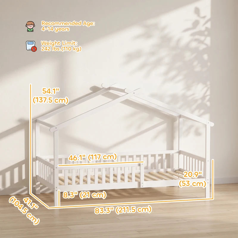 Twin House Bed Frame with Roof, Solid Wood Montessori-Style Kids Bed with Guardrails – White